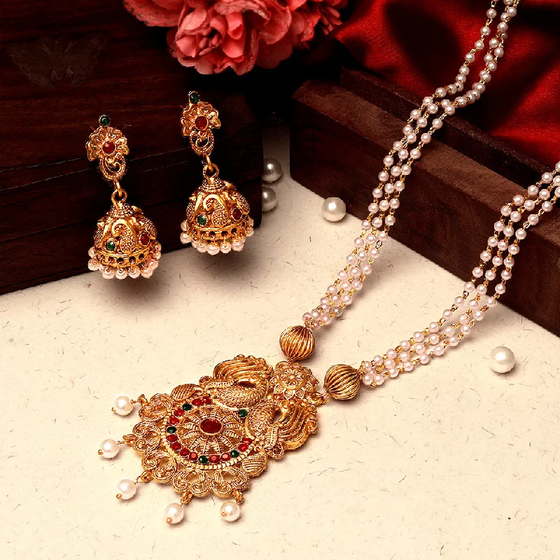 women's luxury crystal necklaces-Shrishti Fashion Traditional Peacock Gold Plated Long Haram Necklace set For Women