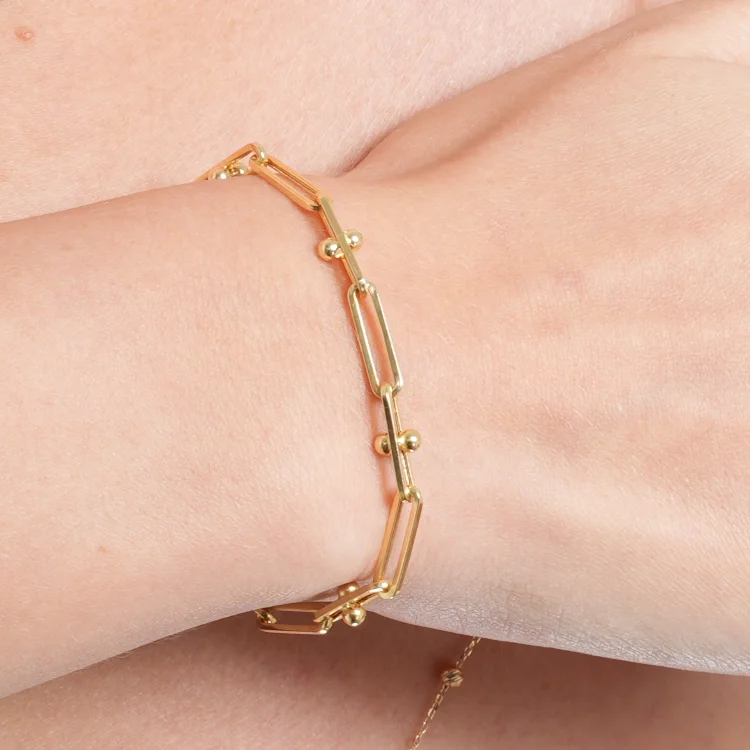 women's simple cuff bracelets-Real Gold GZTF Beads Paper Clip Chain Bracelet 8581 (17 C.M) BR1577