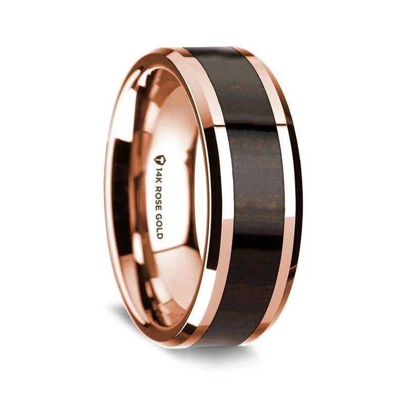 engagement rings with colored gemstones-14K Rose Gold Polished Beveled Edges Wedding Ring with Ebony Wood Inlay - 8 mm