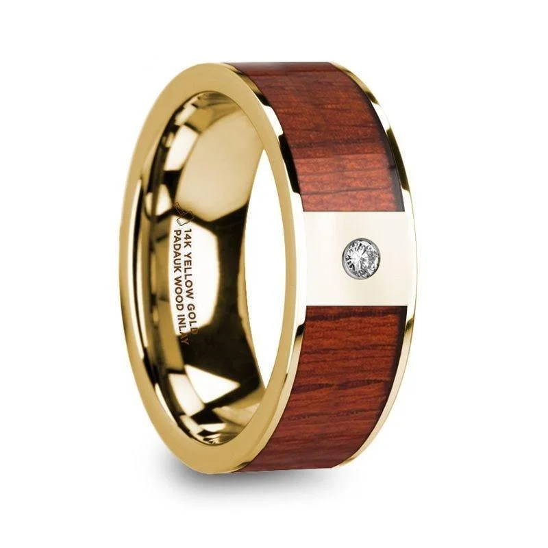 engagement rings for her-TOBIT Men’s Polished 14k Yellow Gold Wedding Ring with Padauk Wood Inlay & Diamond - 8mm