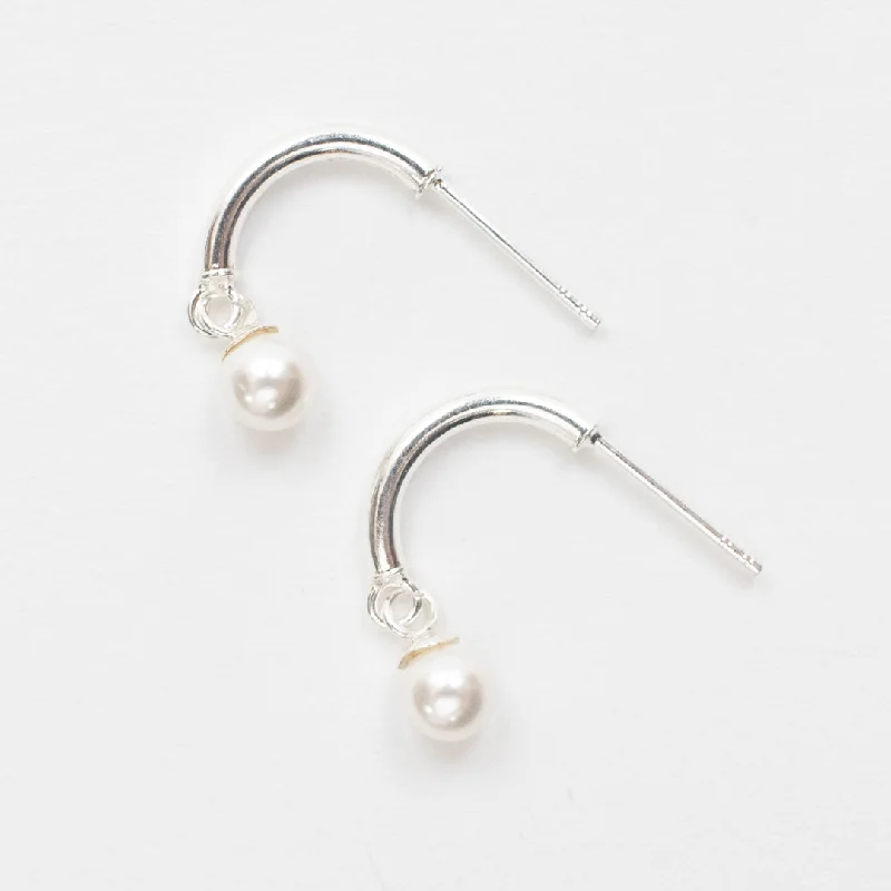 women's bohemian earrings-Silver Pearl Drop Hoops