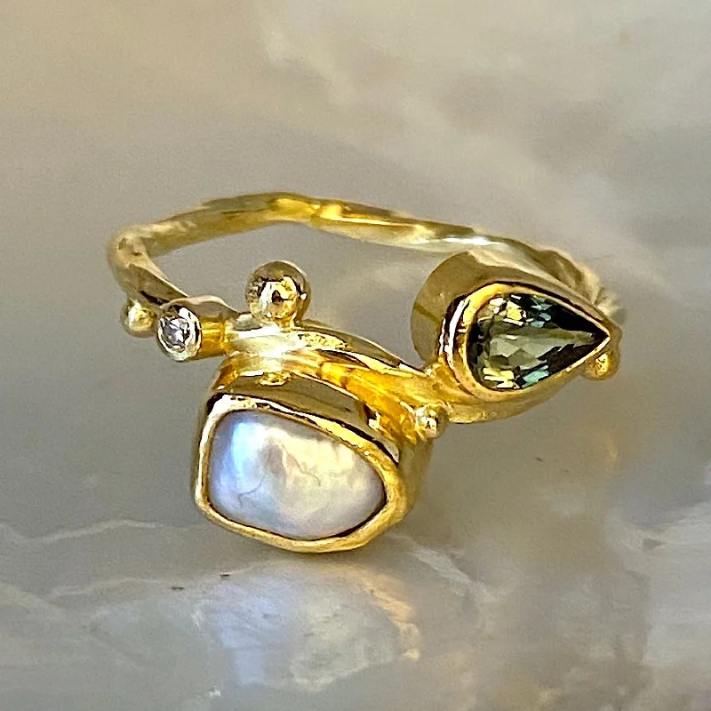 women's high-end rings-Seafire 18K & 22K Gold Ring w. Diamonds, Sapphire & Pearl