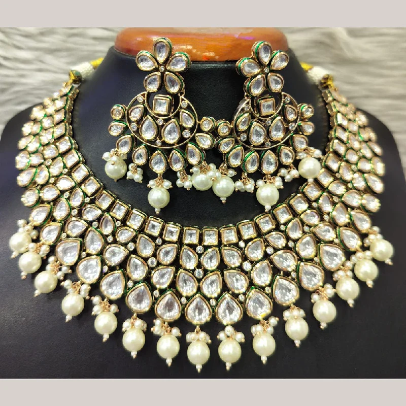 women's silver necklaces-Jain Jewellers Gold Plated Kundan Necklace Set