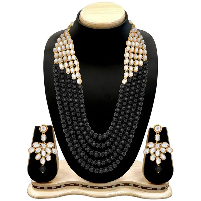 women's high-fashion necklaces-Etnico Wedding Collection 5 Layer Faux Mother-of-pearl and Kundan Rani Haar Necklace Jewellery Set with Earrings for Women (IJ350B)