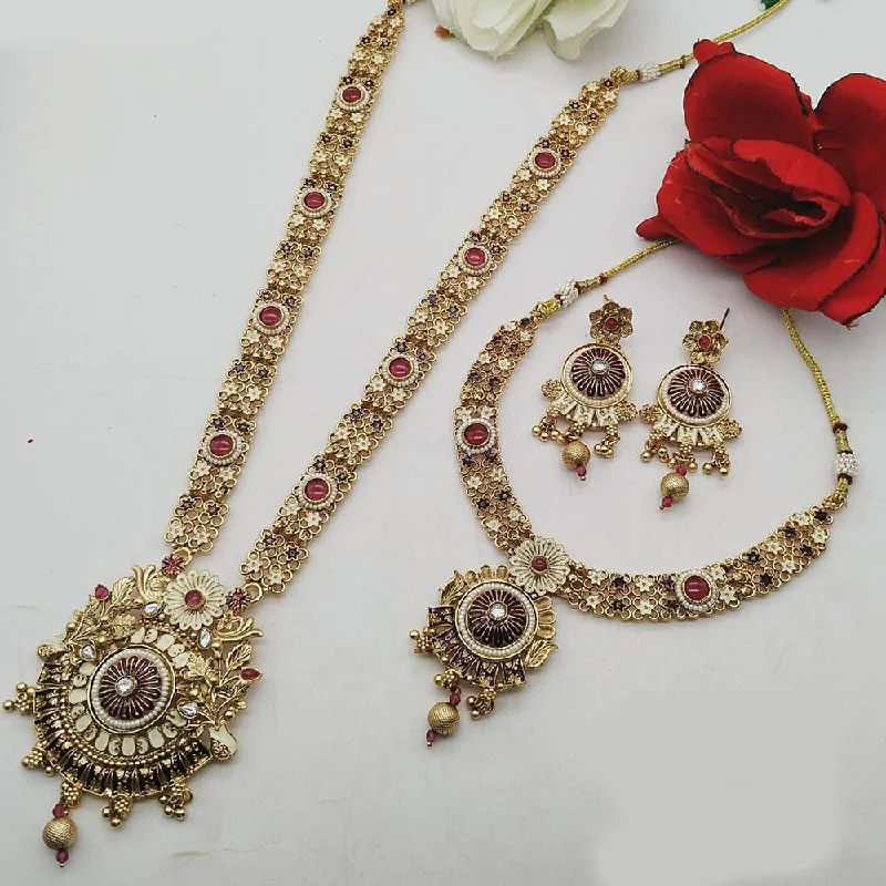 women's moon necklaces-FS Collection Gold Plated Pota Stone Double Meenakari Necklace Set