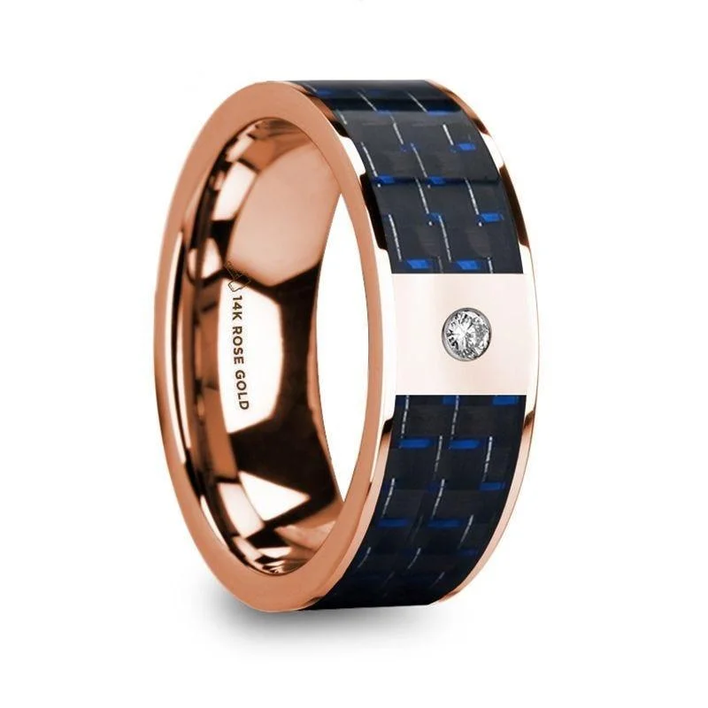 unique gemstone engagement rings-MIKHAIL Diamond Center 14k Rose Gold Men’s Wedding Ring with Blue & Black Carbon Fiber Inlay - 8mm