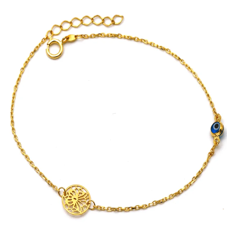 women's custom bracelets-Real Gold Butterfly Round Evil Eye Adjustable Size Bracelet 0737-VI BR1496