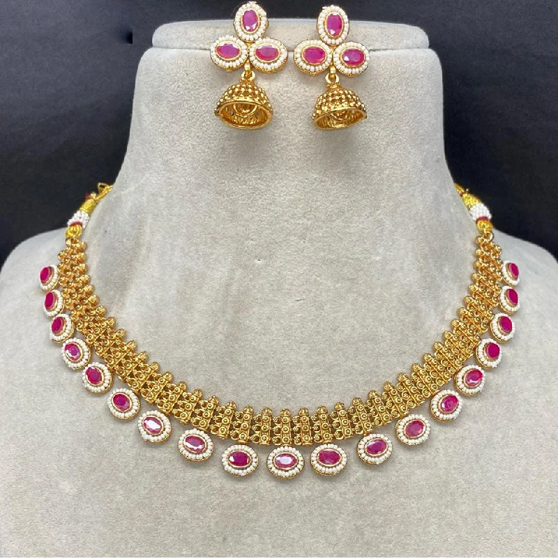 women's gemstone necklaces-Amoliya Jewels Gold Plated Pota Stone Pearls Necklace Set