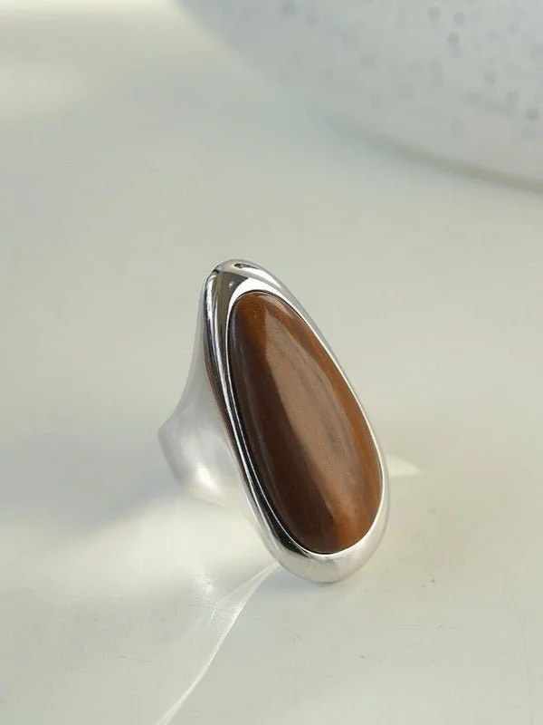 women's wedding rings-Oval Natural Wood Grain Stone Ring