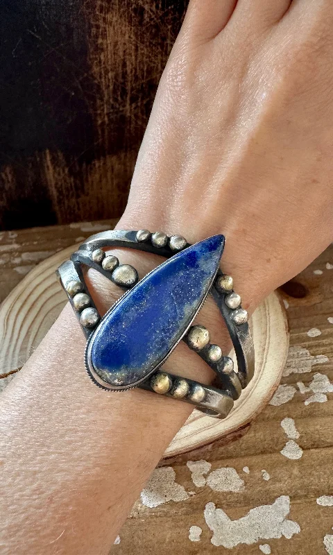 women's chic bracelets-SANDCAST TEARDROP LAPIS LAZULI Cuff 82g