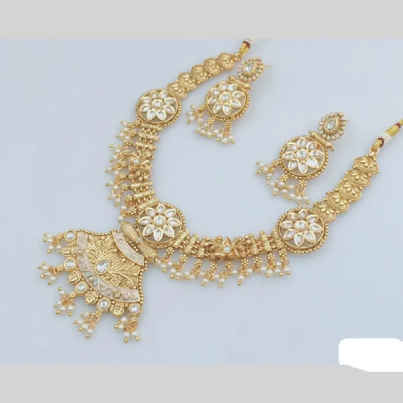 women's luxury gold necklaces-Rani Sati Jewels Gold Plated Pota Stone And Pearl Meenakari Necklace Set