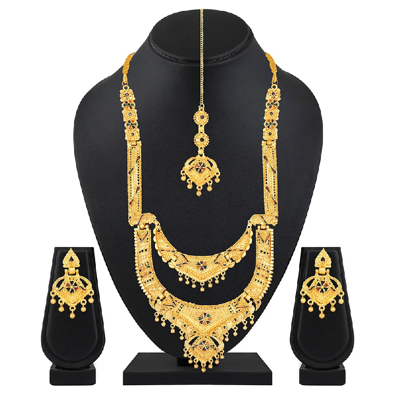 women's large statement necklaces-Mahi Gold Plated Traditional Layered Wedding Necklace Set with Maang Tikka for Women (NL1108084G)