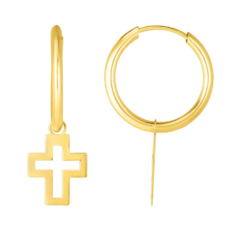 women's pearl stud earrings-14K Gold Polished Cross Dangle Hoop