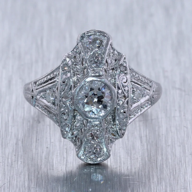 women's solitaire rings-1930's Antique Art Deco 18k White Gold 0.78ctw Diamond Cluster Ring