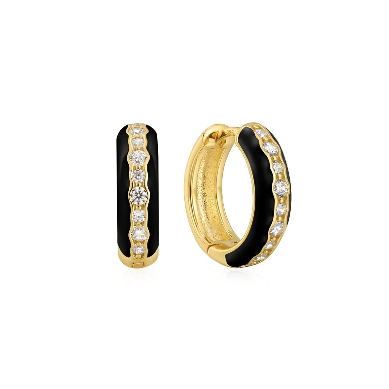 women's ethnic earrings-Gold Plated Black Enamel & CZ Channel Hoops