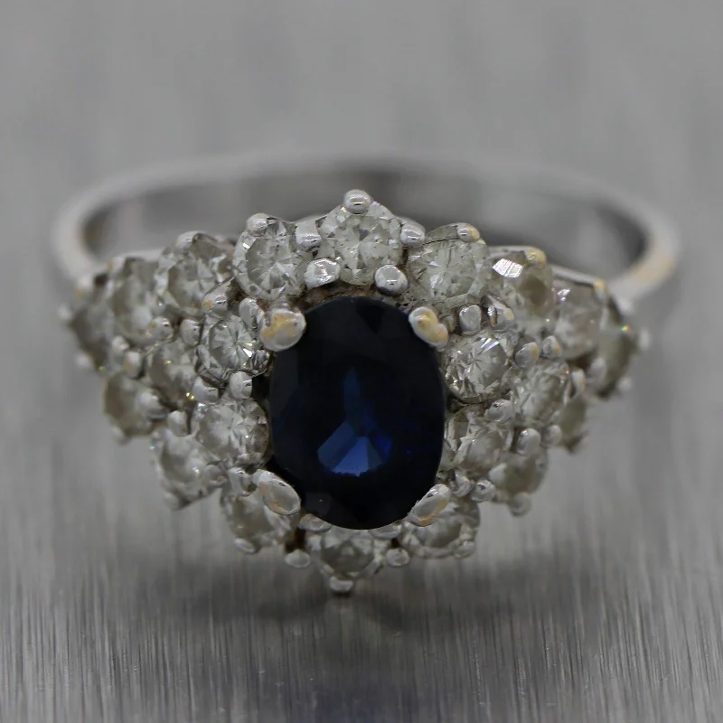 women's wedding band rings-Vintage Estate 14k White Gold 1.75ctw Sapphire & Diamond Cluster Ring