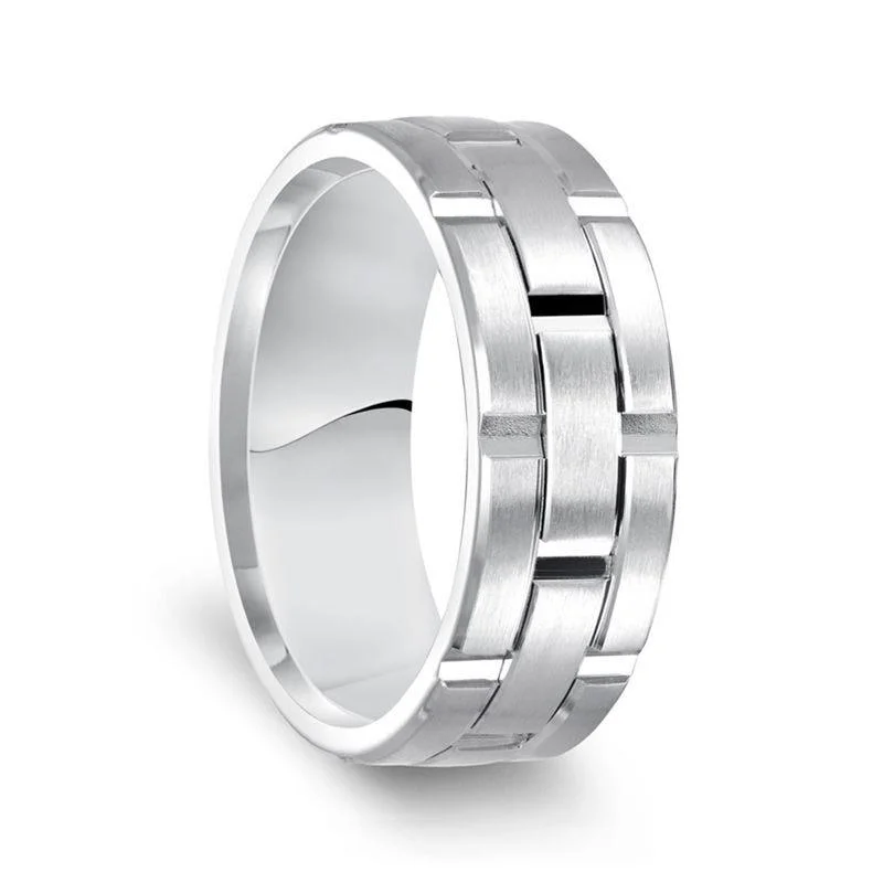 solitaire engagement rings-14k White Gold Satin Finished Men’s Wedding Ring with Vertical Grooves - 8mm