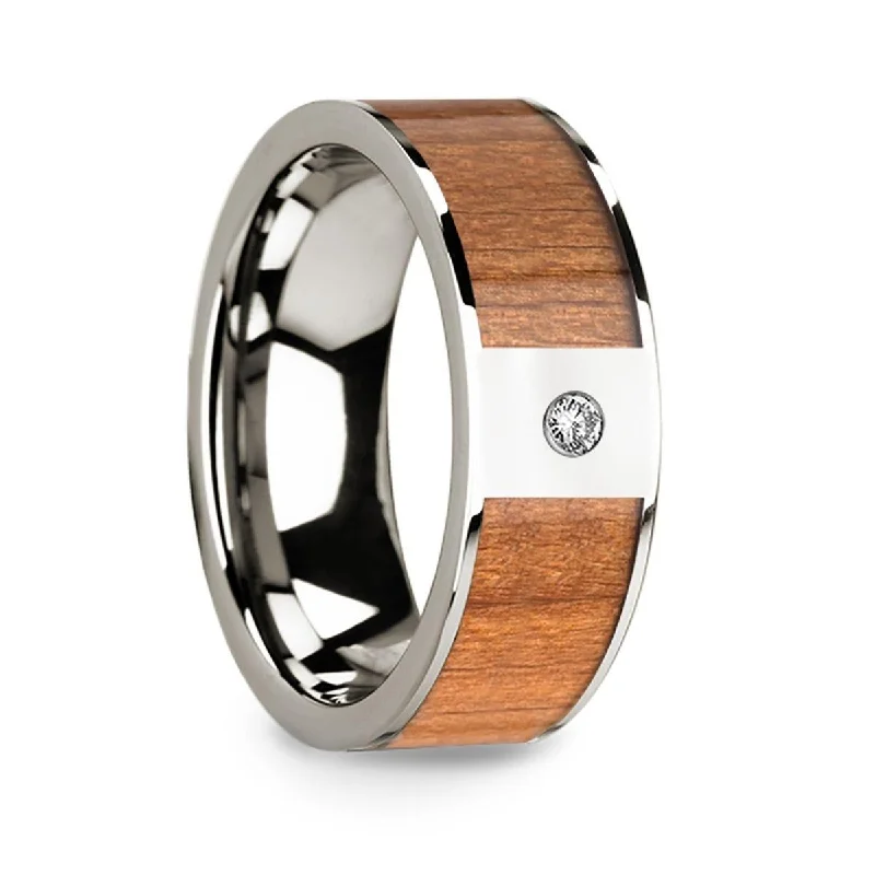 handmade engagement rings-Sapele Wood Inlaid Polished 14k White Gold Men’s Wedding Ring with Diamond Center - 8mm