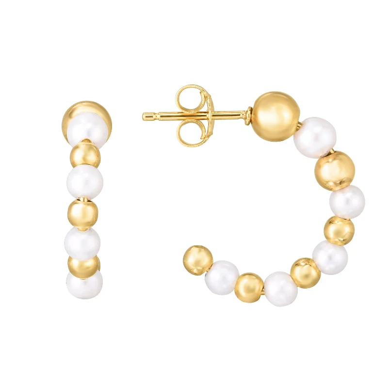 women's large stud earrings-14K Gold Pearl & Bead C Hoop