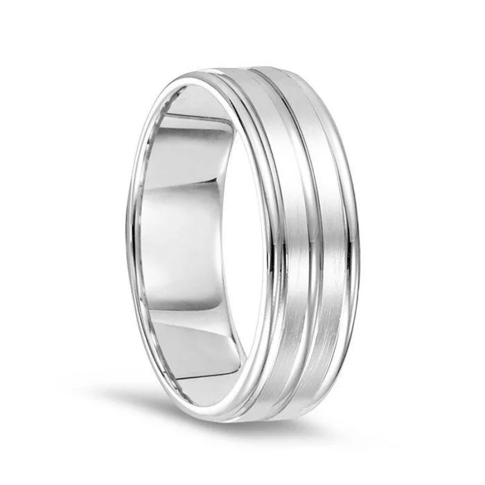 oval engagement rings-14k White Gold Brushed Finished Polished Grooved Wedding Ring with Round Edges - 7mm