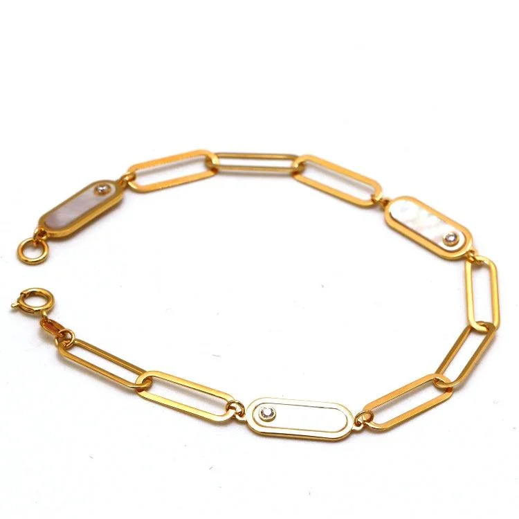 women's high-end bracelets-Real Gold Paper Clip Pearl Stone Bracelet (19 cm) - Model 0132 BR1698