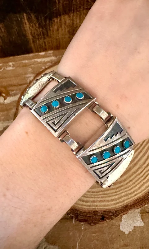 women's birthstone bracelets-TURQUOISE LABYRINTH 1940s Sterling Silver Bracelet