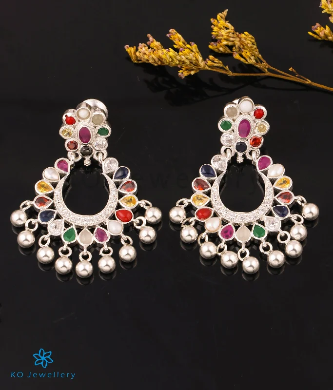 women's designer earrings-The Madhurya Silver Navaratna Chand Bali (Bright Silver)