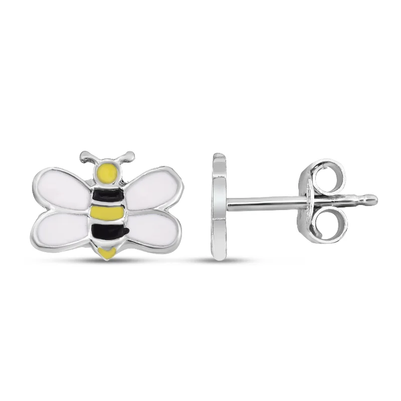 women's bridal pearl earrings-Silver Enamel Bumble Bee Studs