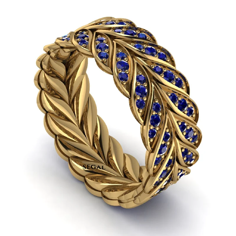 bridal rings with engagement stones-Sapphire Eternity Leaf Gold Wedding Ring - Kara No. 13