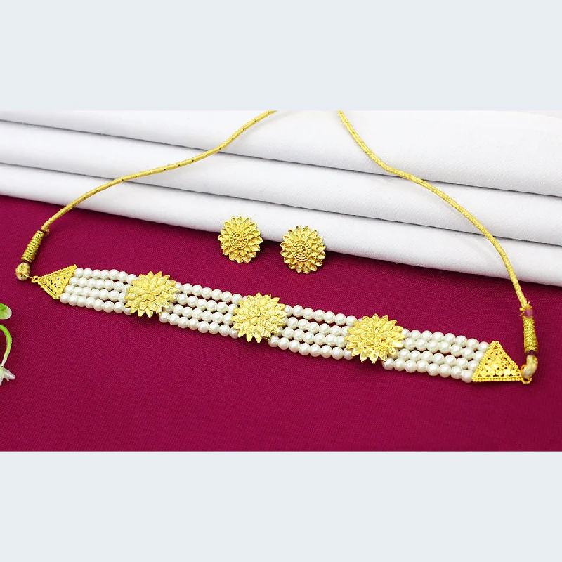 women's long necklaces-Mahavir Dye Gold Pearl Choker Necklace Set