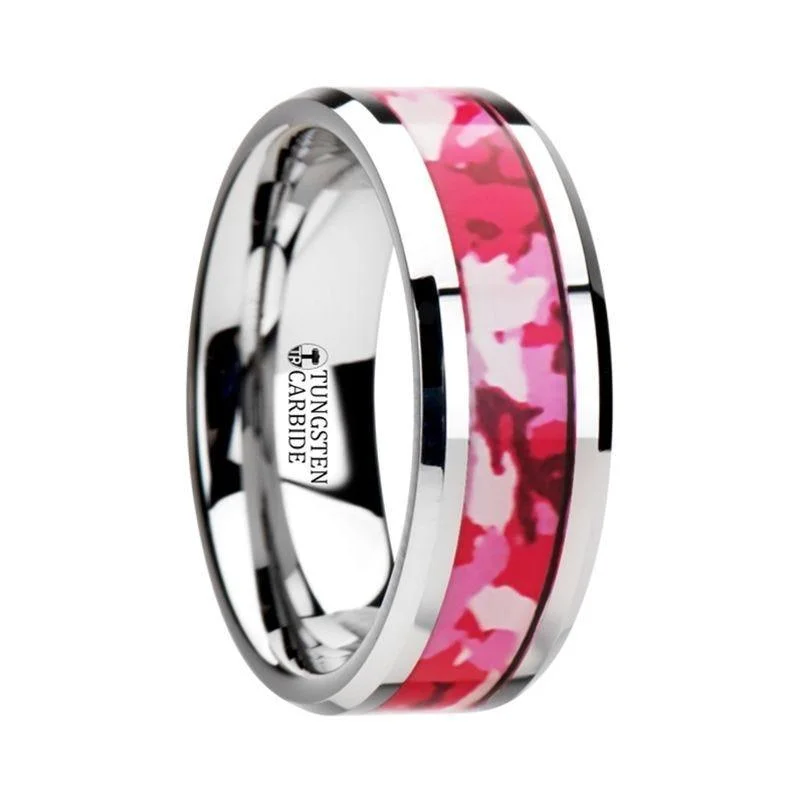 high-quality engagement rings-TANGO Tungsten Wedding Ring with Pink and White Camouflage Inlay - 6mm & 8mm