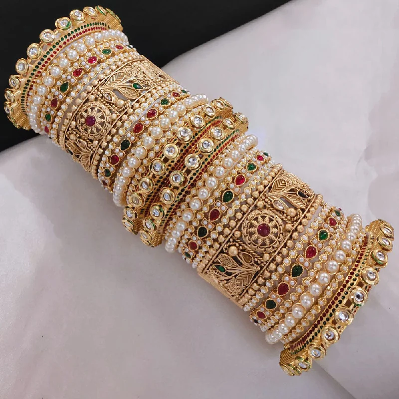 women's pearl bangle bracelets-Akruti Collection Gold Plated Pota Stone And Pearl Openable Bangle Set