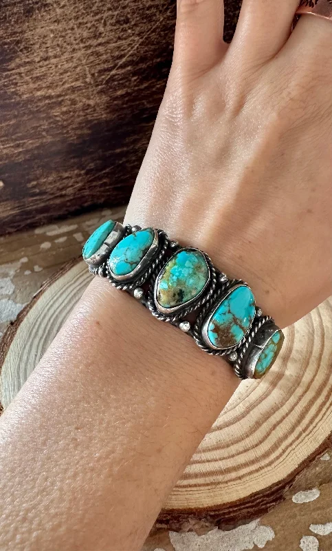 women's leather bracelets-VINTAGE PETAL TURQUOISE Cuff 16g