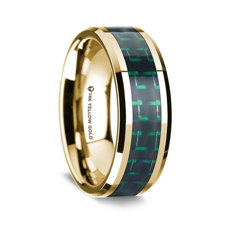 engagement rings with emeralds-14K Yellow Gold Polished Beveled Edges Wedding Ring with Black and Green Carbon Fiber Inlay - 8 mm