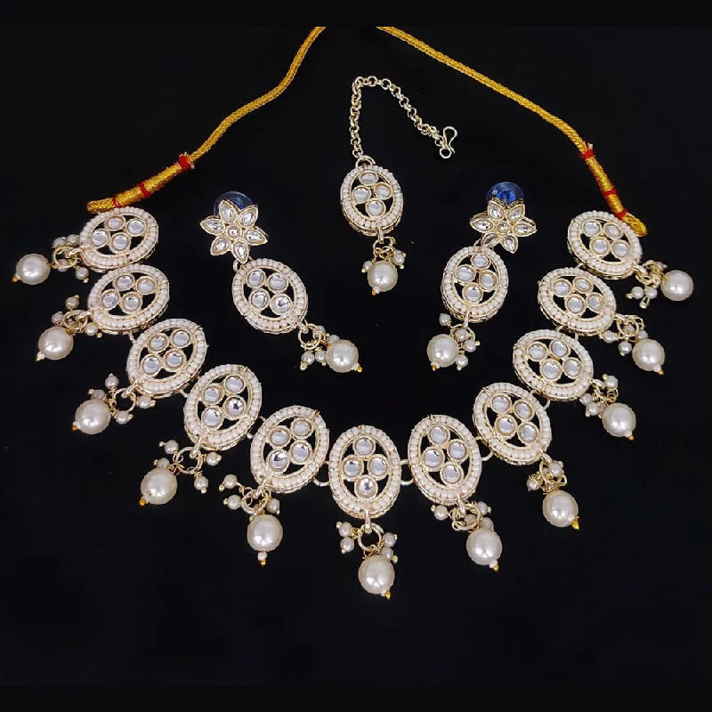 women's birthstone necklaces-Lucentarts Jewellery Gold Plated Kundan And Beads Necklace Set