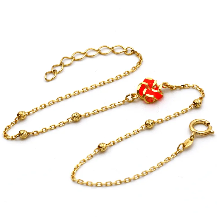 women's luxury bracelets-Real Gold 3D Red Flower With Beads Ball Bracelet 7765 BR1495