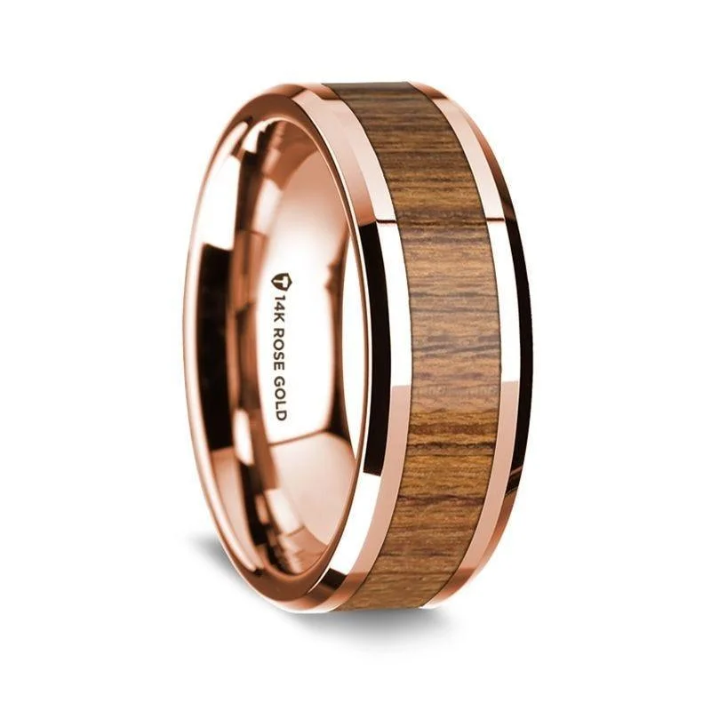 emerald engagement rings-14K Rose Gold Polished Beveled Edges Wedding Ring with Teakwood Inlay - 8 mm