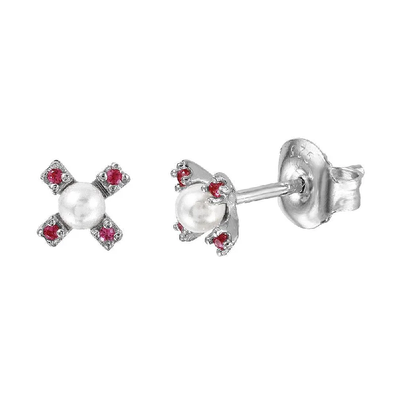 women's luxury hoop earrings-Silver 925 Rhodium Plated CZ Flower Studs with Synthetic Pearl - GME00035RH-RED