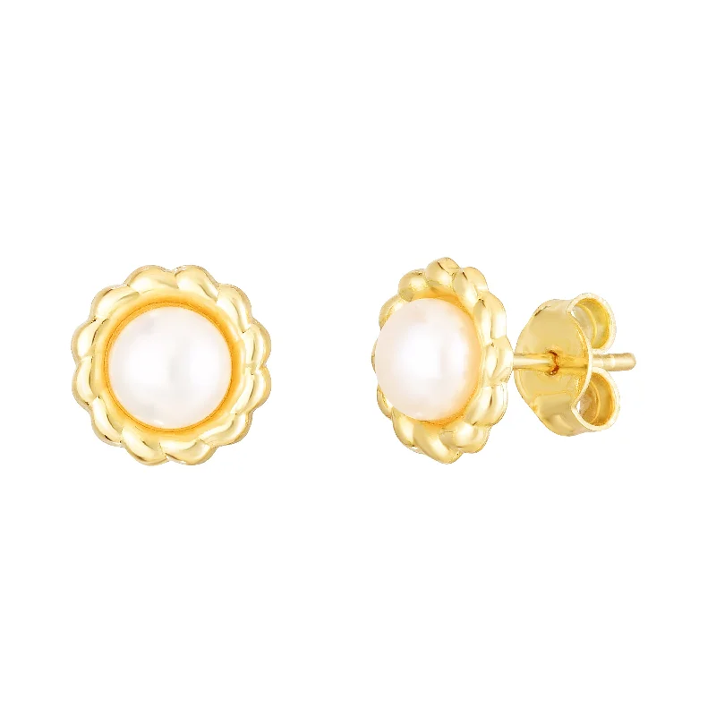 women's intricate design earrings-14K Pearl Flower Studs