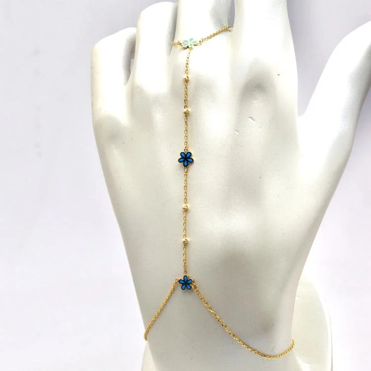 women's chic bracelets-Real Gold Hand Wrist Chain Bracelet with Blue Flowers and Beads - Model 8308 BR1699