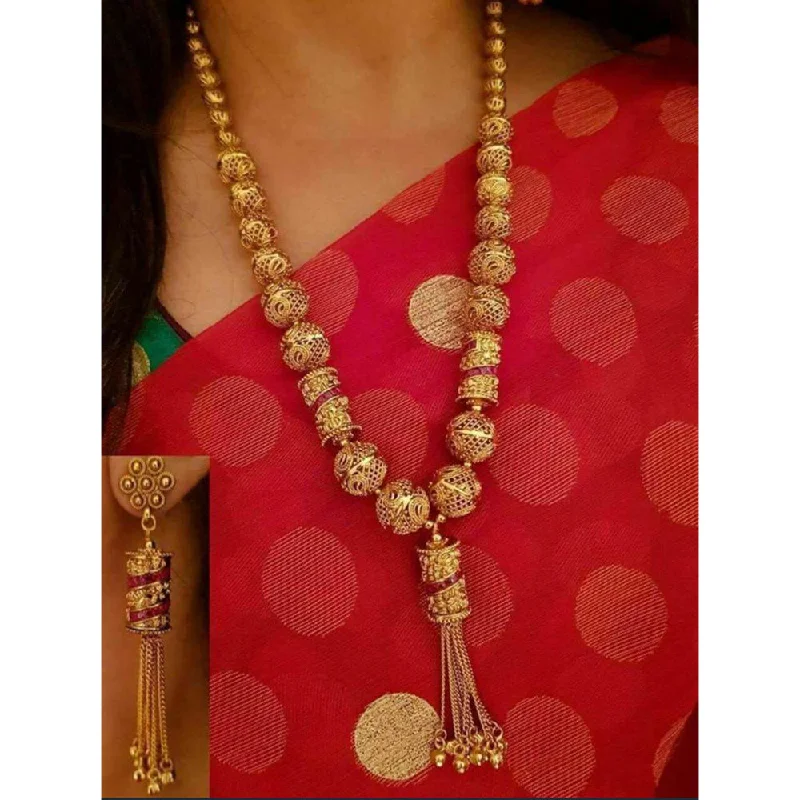 women's charm necklaces-India Art Gold Plated Pink Pota Stone Long Necklace Set