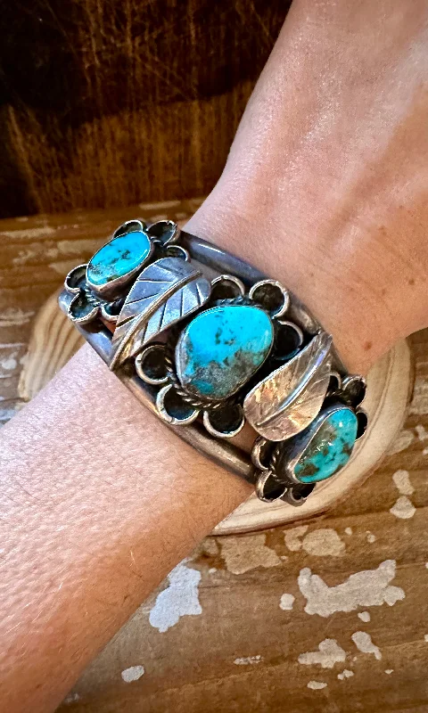 women's engraved bangles-APPLIQUE FLOWER CUFF Navajo Turquoise Sterling Silver Cuff 54g