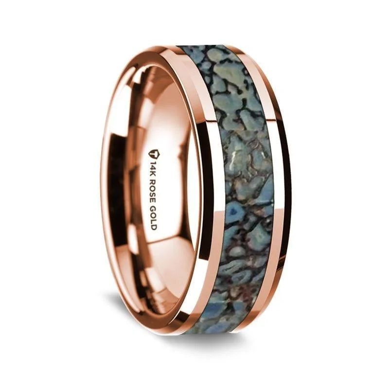 timeless engagement rings-14K Rose Gold Polished Beveled Edges Wedding Ring with Blue Dinosaur Inlay - 8 mm