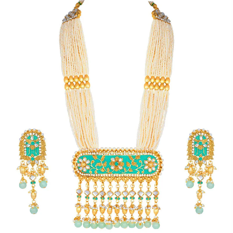 women's birthstone jewelry necklaces-Etnico 18K Gold Plated Traditional Pearl Beaded Multi Strand Meena Work Long Necklace Jewellery Set & Earrings Set For Women (ML181Min)