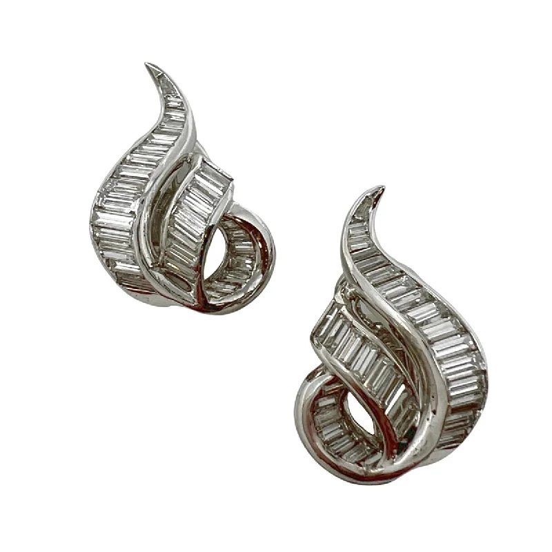 women's unique earrings-Platinum and 14K White Gold Swirl Earclips with 62 Baguette Diamonds