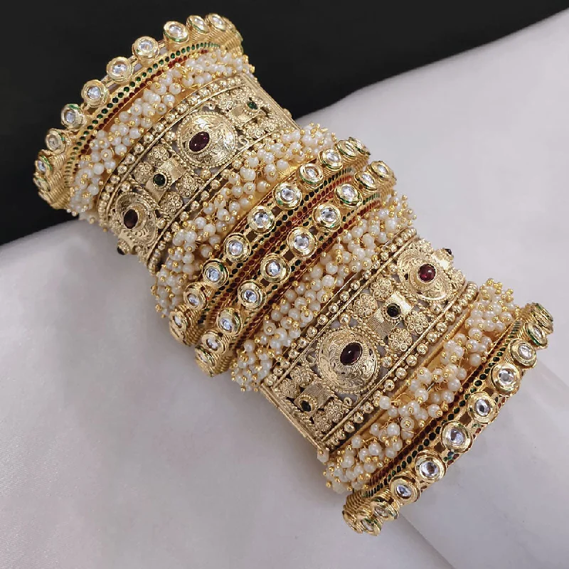 women's elegant bangles-Akruti Collection Gold Plated Pota Stone And Pearl Openable Bangle Set