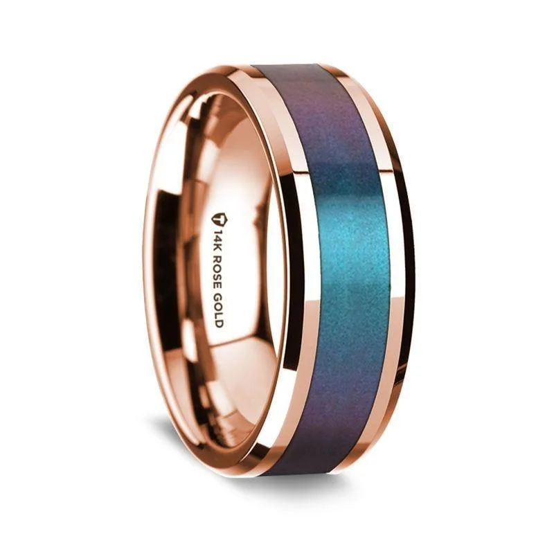 luxurious engagement rings-14k Rose Gold Polished Beveled Edges Wedding Ring with Blue and Purple Color Changing Inlay - 8 mm