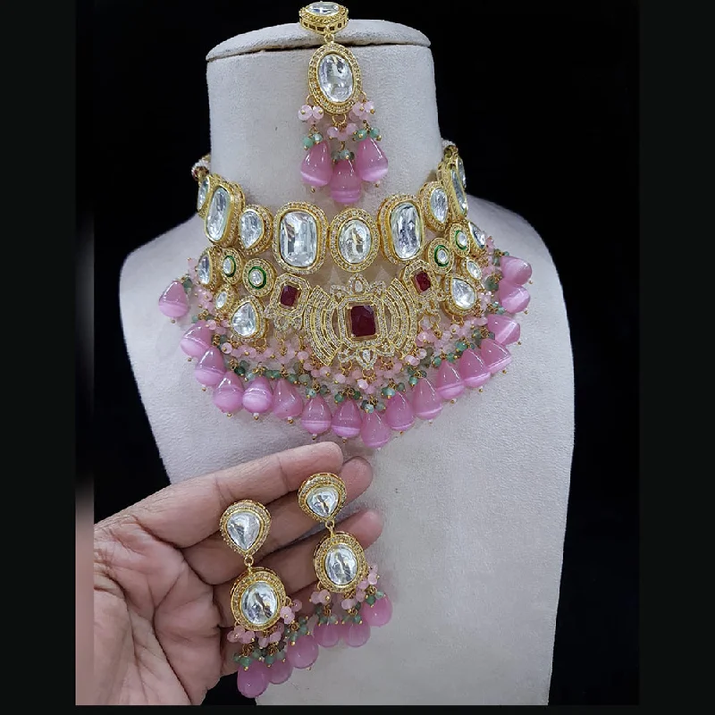 women's minimalist gold necklaces-Shubhratnam Jewellers Gold Plated Kundan Necklace Set