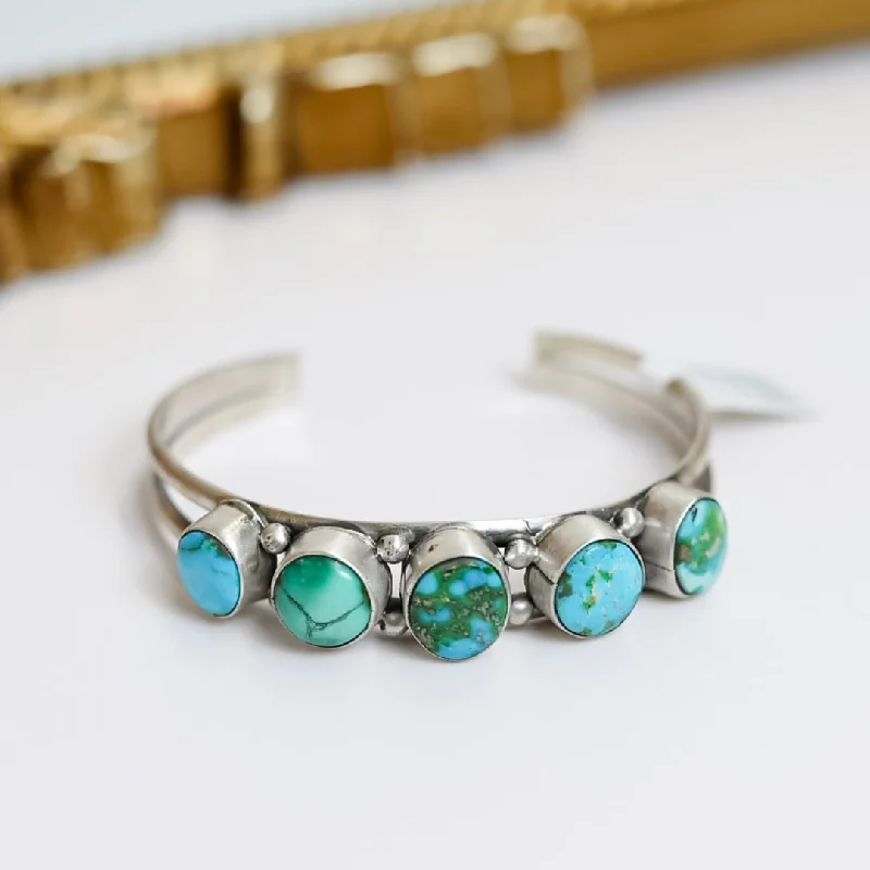 women's chic bracelets-Scott Skeets | Navajo Handmade Sterling Silver Cuff with Five Green Turquoise Variated Stones