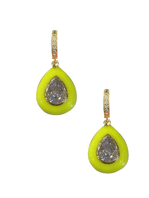 women's unique gemstone earrings-Yellow Enamel Bezel Teardrop Huggies